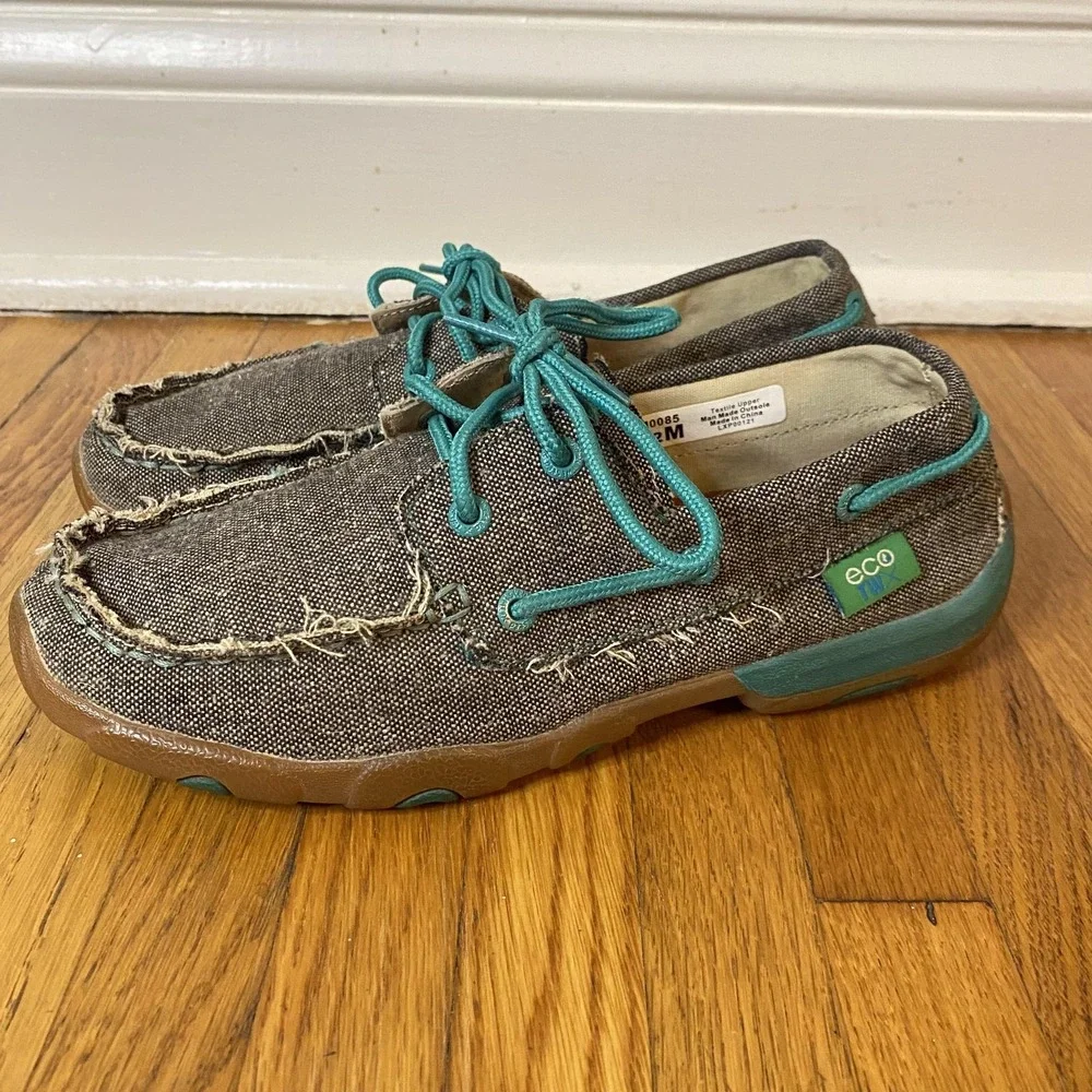 Twisted X Shoes Mens Size 7.5 Brown EcoTWX Boat Moc Turquoise Laces Casual